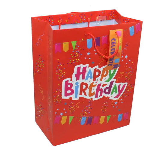 Red Flags Birthday Gift Bag with colorful bunting and confetti design and attached tag on Tampa Home & Garden Store