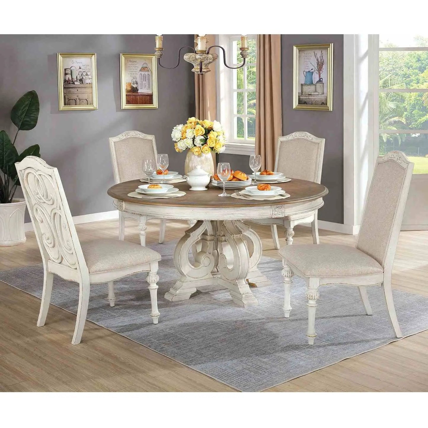 Elegant Dining Set Round Table And Side Chairs white distressed finish beige upholstery 7-pc on Tampa Home & Garden Store