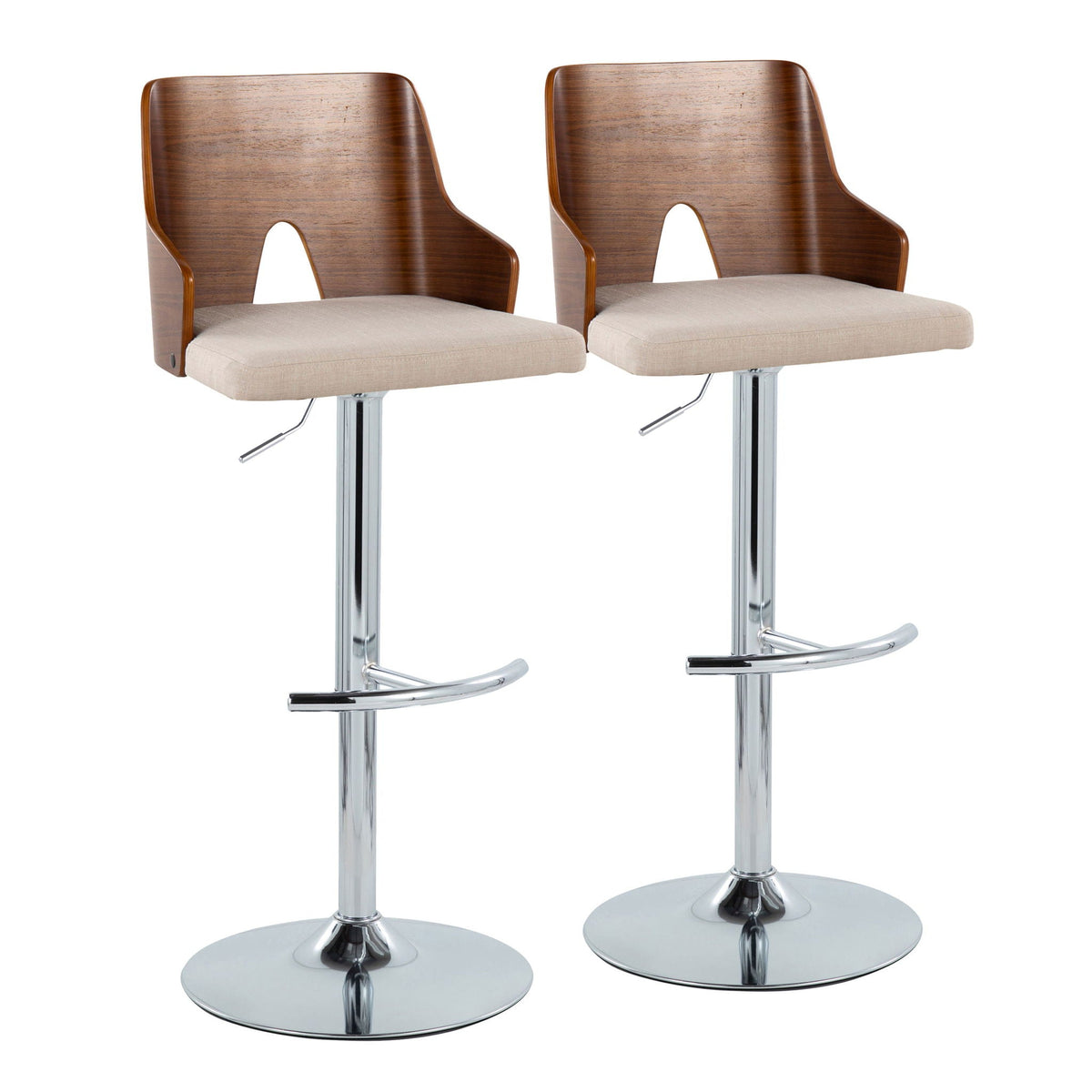 Pair of mid-century modern adjustable swivel barstools with wood veneer backs and beige cushions on Tampa Home & Garden Store