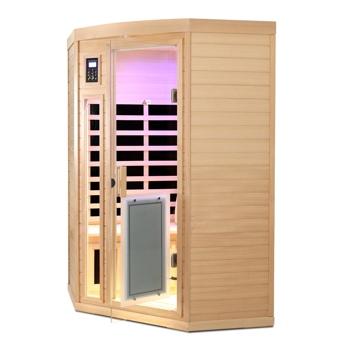Hemlock wood two-person infrared sauna with glass door, Bluetooth, low EMF, natural finish on Tampa Home & Garden Store