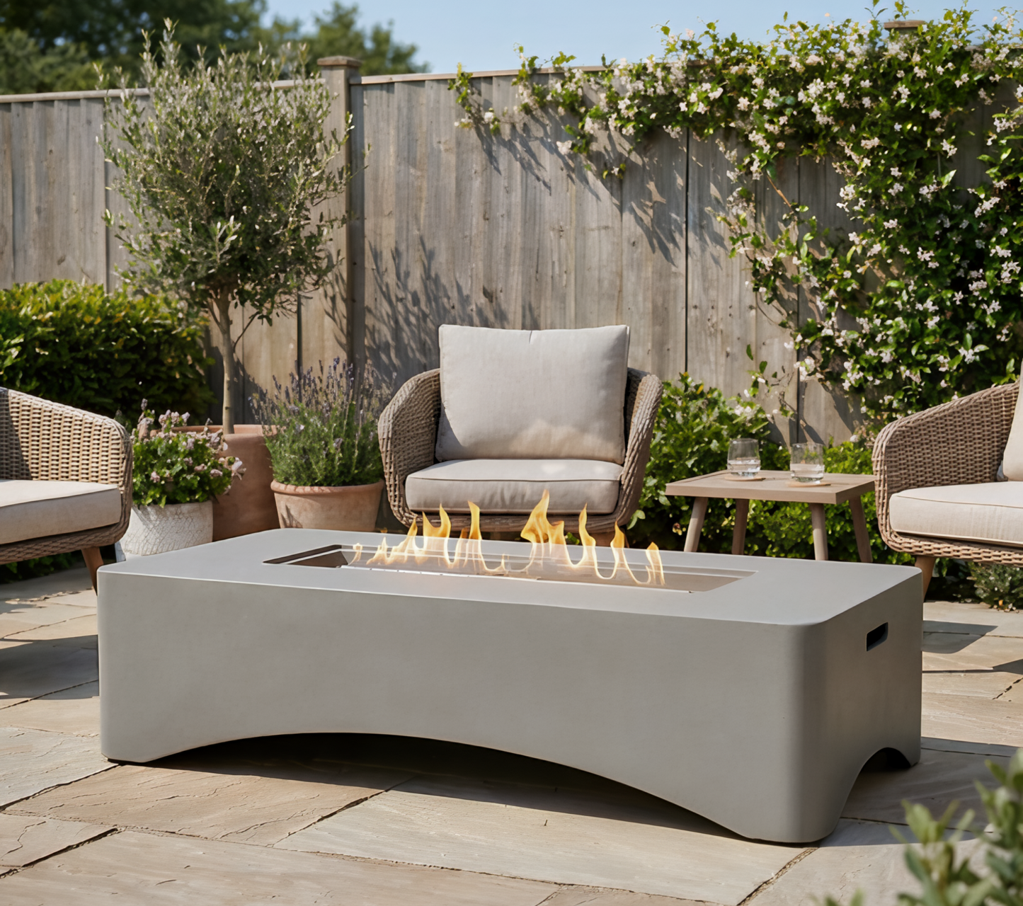 56' Propane Fire Pit Table by HouseOfZazla, rectangular gray concrete outdoor gas fire pit on Tampa Home & Garden Store