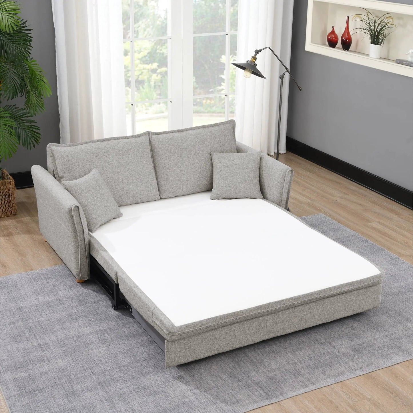 Oren chenille sleeper sectional sofa with storage in gray, with 2 toss pillows and bed on Tampa Home & Garden Store