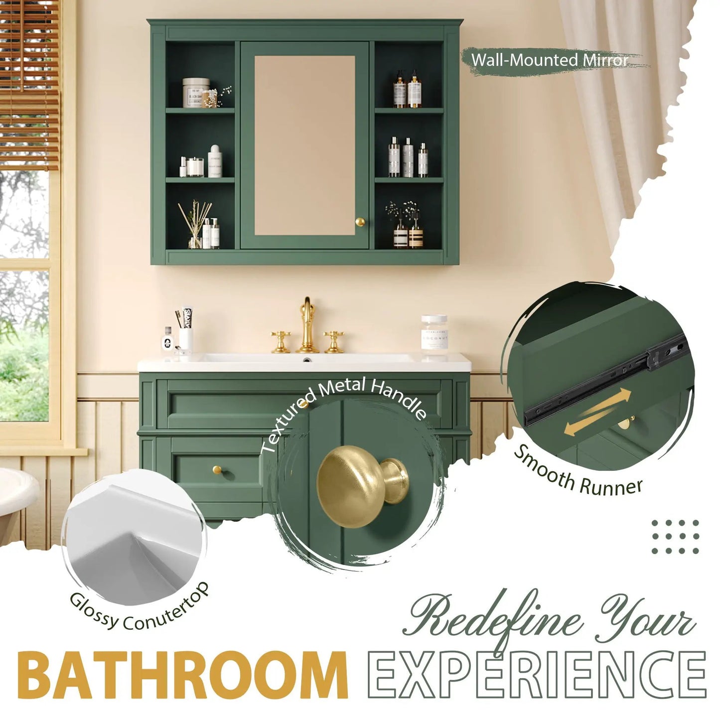 Bathroom vanity with green cabinet, sink, 2 doors and 4 drawers by Unique Piece Furniture on Tampa Home & Garden Store
