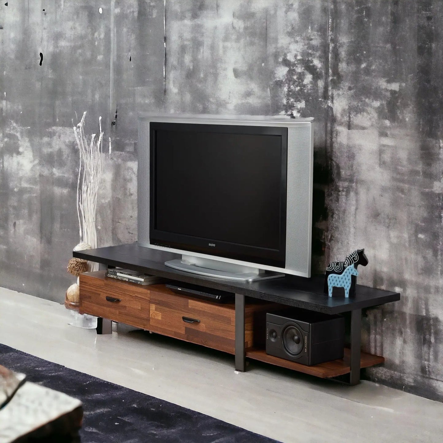 Elling TV Stand walnut and black with metal frame and two drawers on Tampa Home & Garden Store