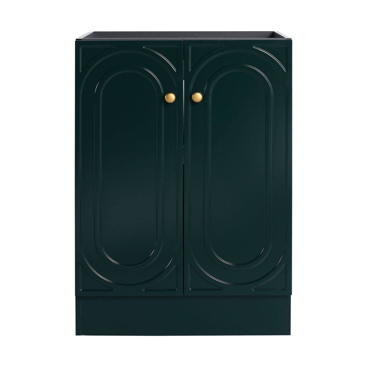HouseOfZazla freestanding bathroom vanity with dark green finish, dual doors, brass knobs on Tampa Home & Garden Store