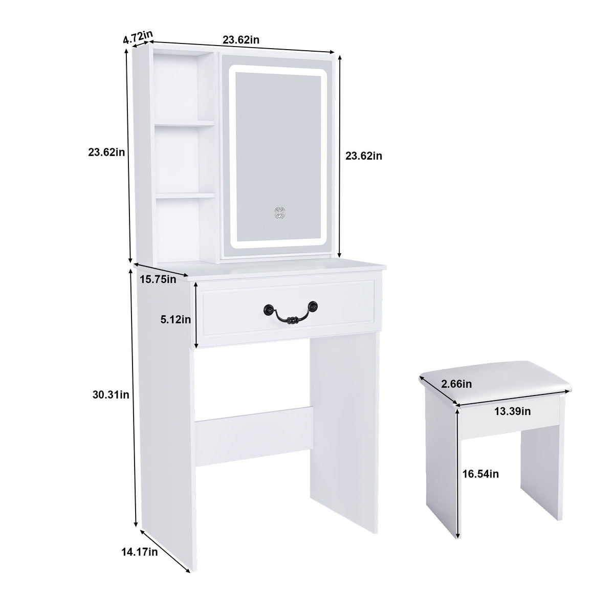 Modern mini dressing table with LED mirror, white finish, hidden storage, shelves HouseOfZazla on Tampa Home & Garden Store
