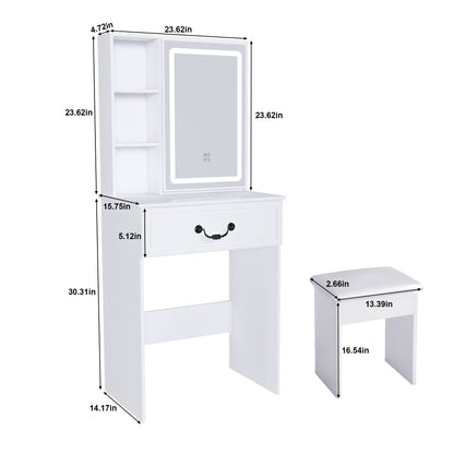 Modern mini dressing table with LED mirror, white finish, hidden storage, shelves HouseOfZazla on Tampa Home & Garden Store