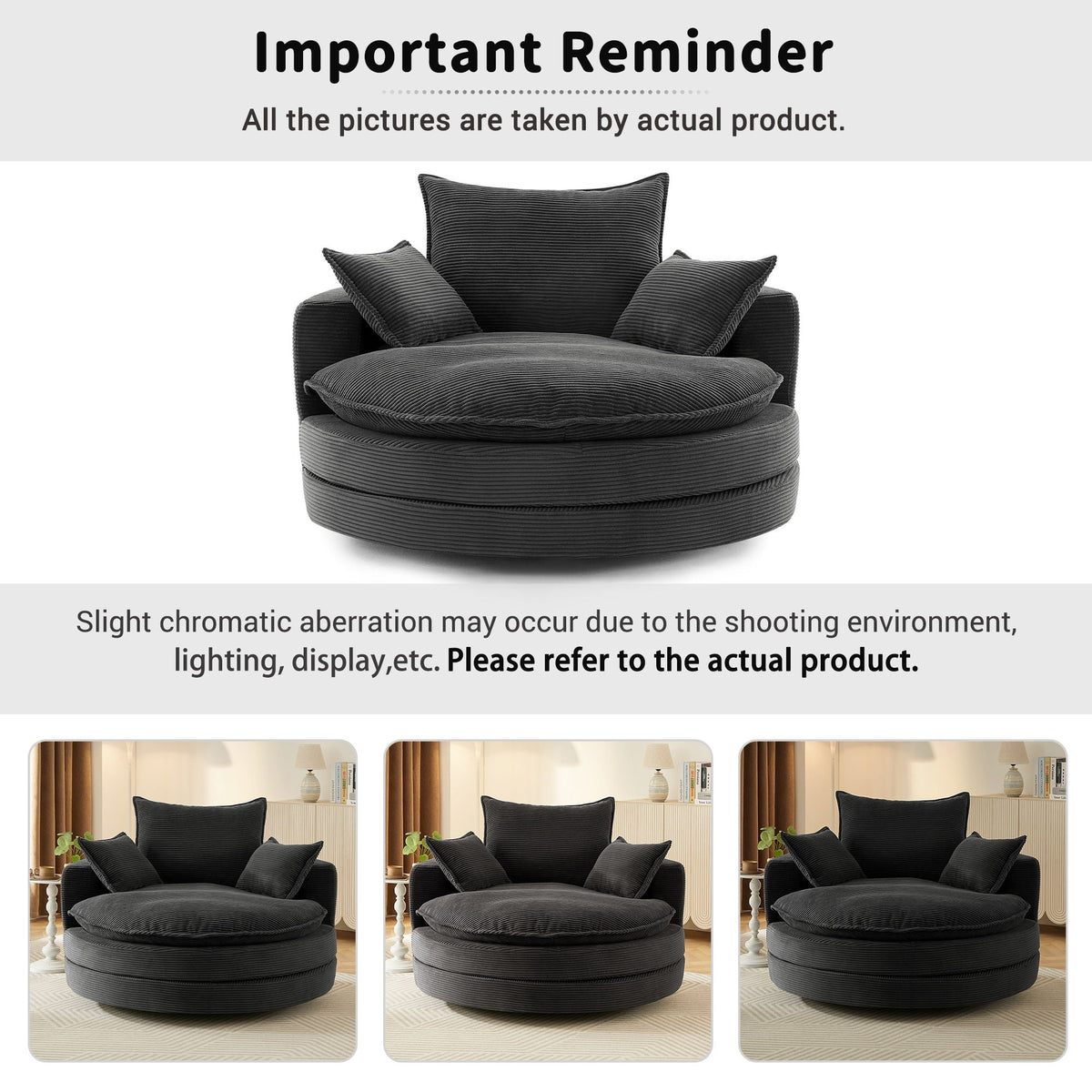 Swivel barrel chair with cushion and pillows in charcoal ribbed fabric, HouseOfZazla Chair on Tampa Home & Garden Store