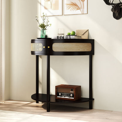 Boho rattan semi end table with sliding door, storage and bottom shelf in black cane panels on Tampa Home & Garden Store
