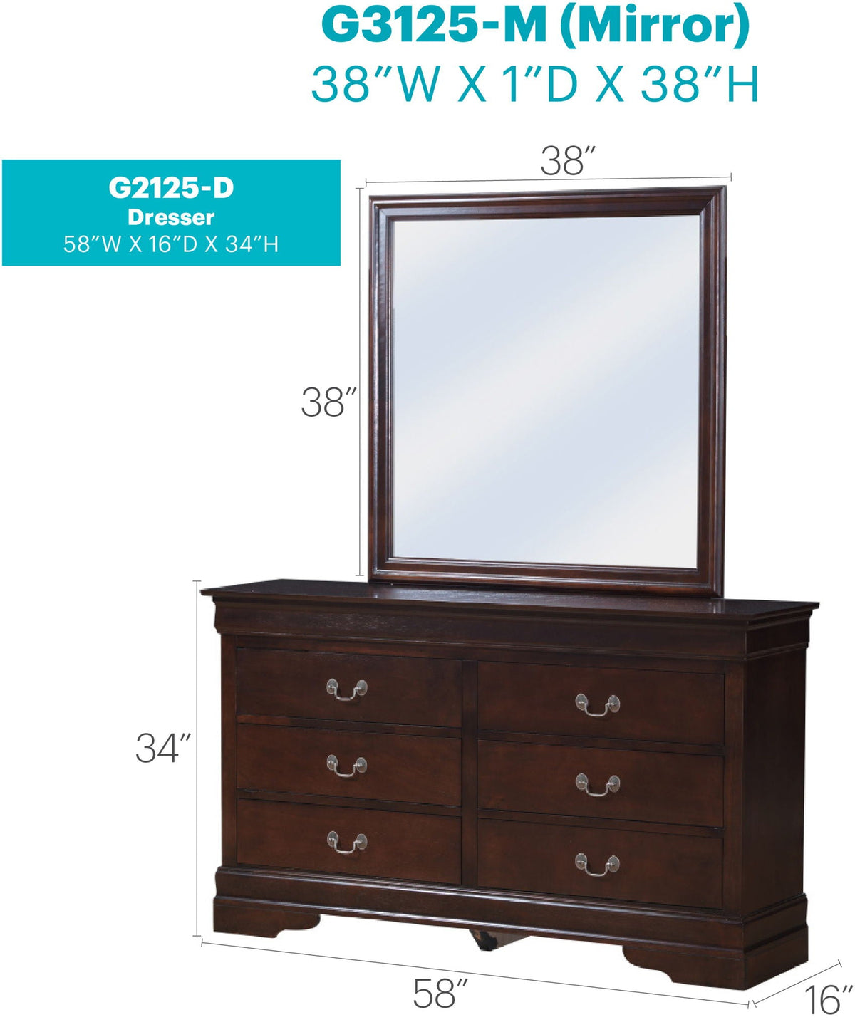 Louis Phillipe dresser with mirror in dark brown finish, English dovetailed drawers on Tampa Home & Garden Store