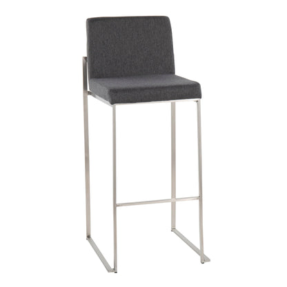 Contemporary high back barstool with grey upholstered seat and metal frame on Tampa Home & Garden Store