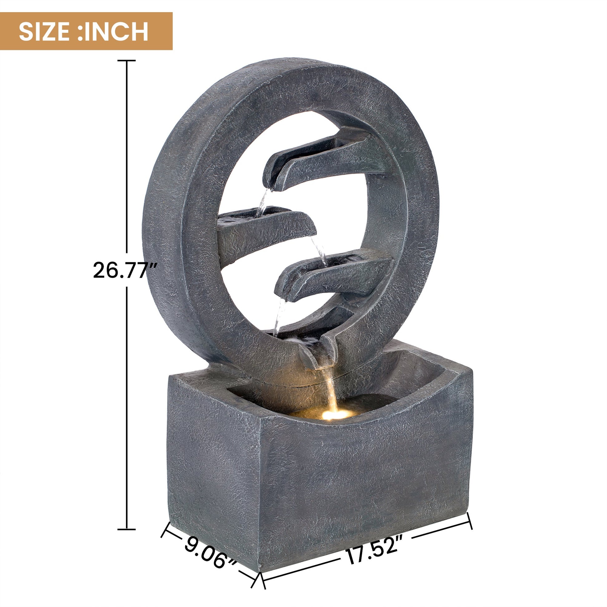 Gray circular polyresin outdoor water fountain with LED light by HouseOfZazla, 26.77 in tall on Tampa Home & Garden Store