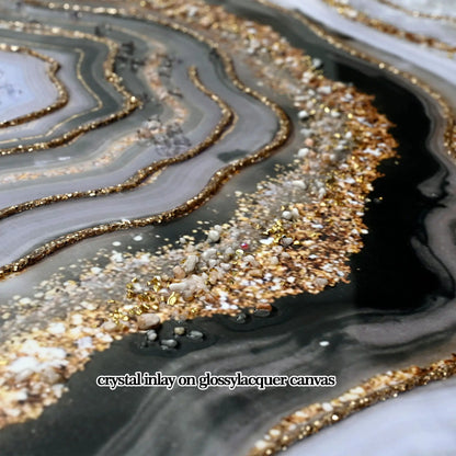 Canvas art of a marble print with crystal inlay and gold edging on a glossy lacquer canvas on Tampa Home & Garden Store