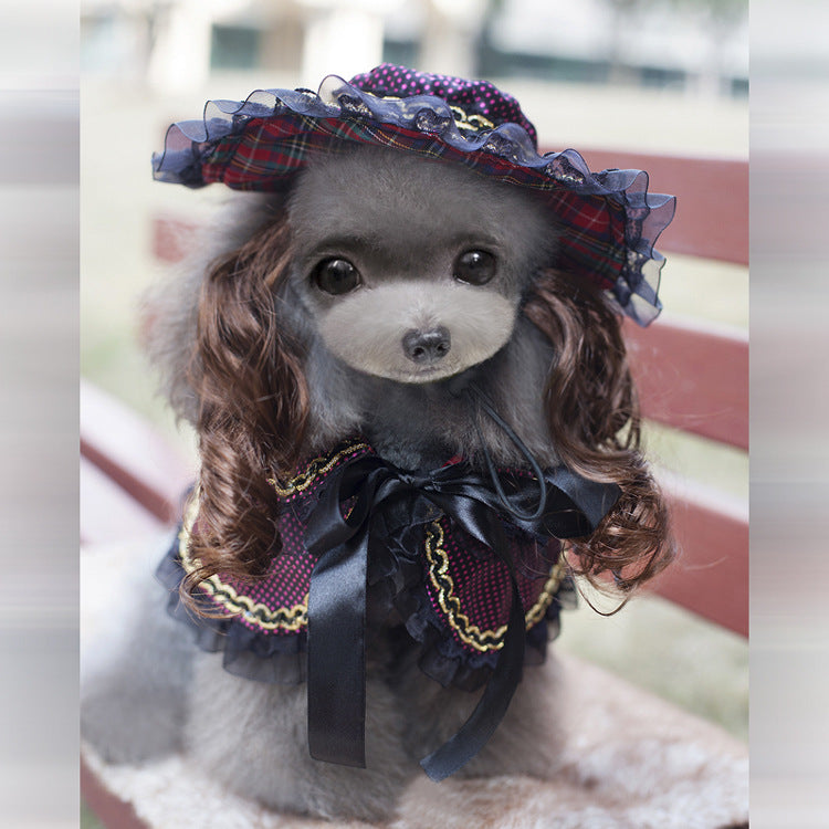 Pet Zen Christmas dog outfit with plaid hat and black ribbon bow, frilly lace collar on Tampa Home & Garden Store