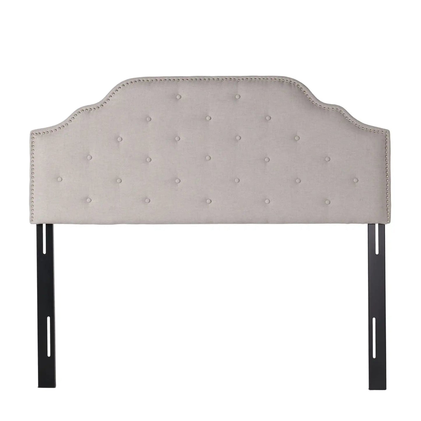 Luella Button Tufted Upholstered Headboard, light gray fabric with nailhead trim on Tampa Home & Garden Store