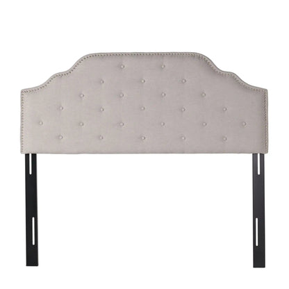 Luella Button Tufted Upholstered Headboard, light gray fabric with nailhead trim on Tampa Home & Garden Store