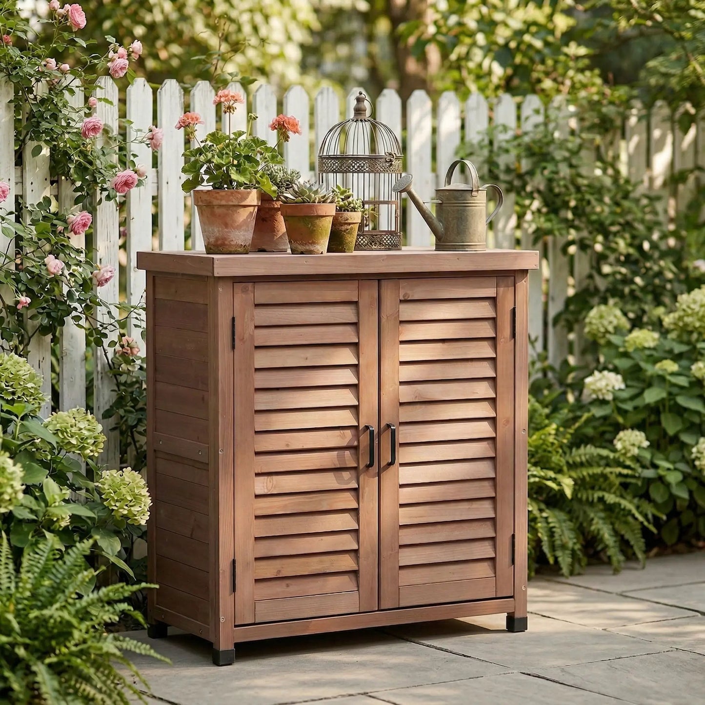 Potting bench with storage cabinet, Unique Piece, brown wood with metal top and pots on Tampa Home & Garden Store