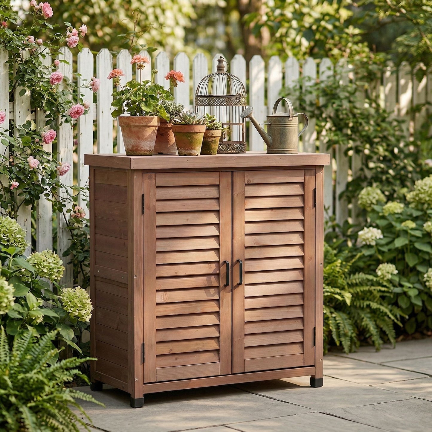 Outdoor Potting Bench With Metal Top and Cabinet
