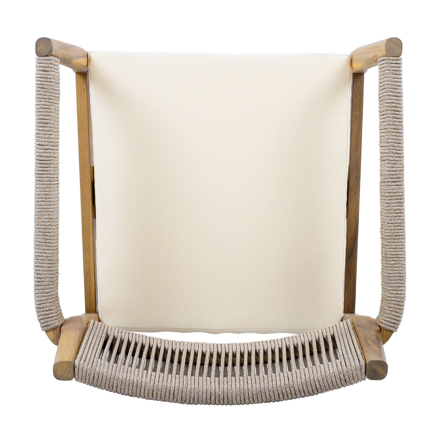 Braided acacia wood outdoor dining chairs set of 2 with teak-look frames and cream cushions on Tampa Home & Garden Store