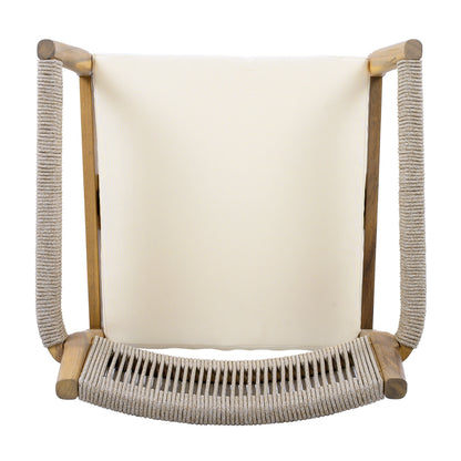 Braided acacia wood outdoor dining chairs set of 2 with teak-look frames and cream cushions on Tampa Home & Garden Store