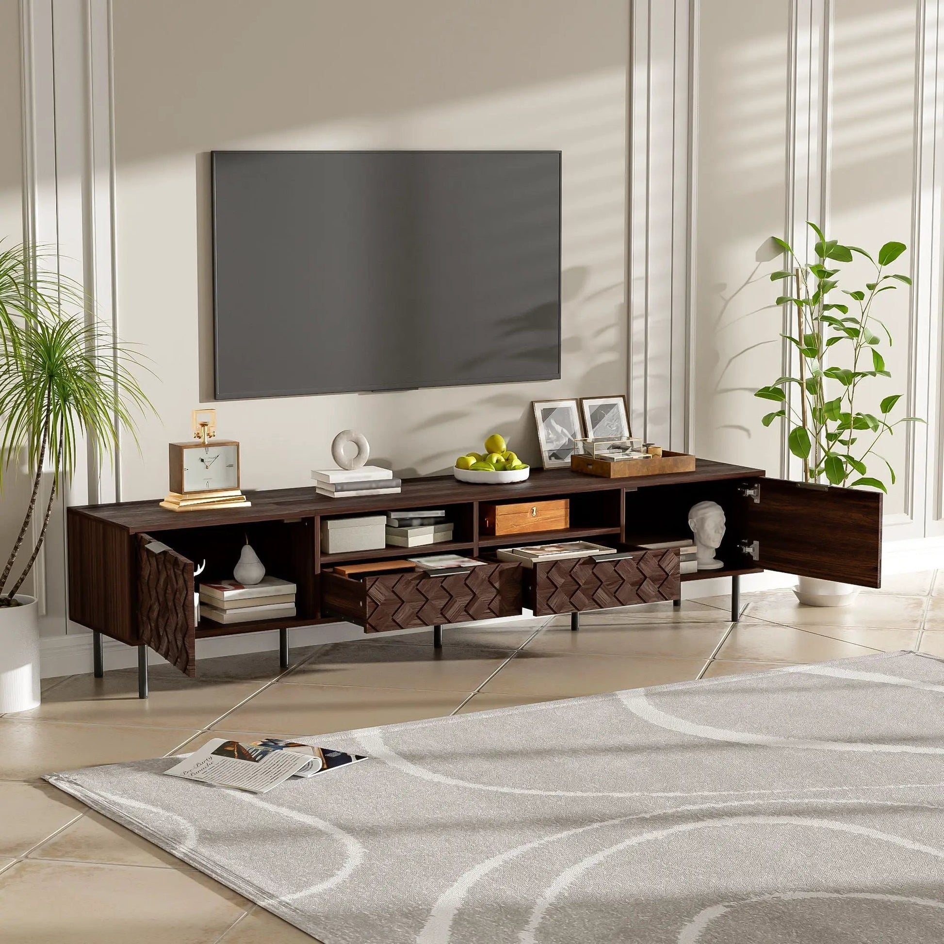 Walnut TV stand with open cubbies and closed storage for TVs up to 85 inches on Tampa Home & Garden Store