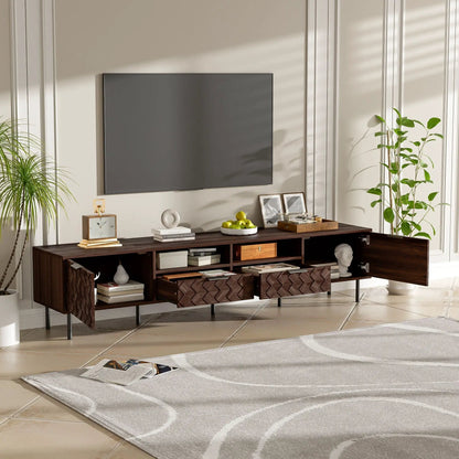 Walnut TV stand with open cubbies and closed storage for TVs up to 85 inches on Tampa Home & Garden Store