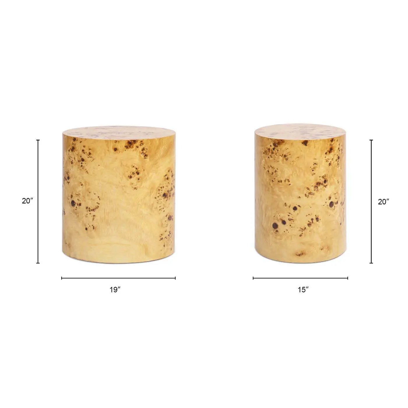 Nebula Accent Pillar Side Tables, 2pc, golden burl wood, 20 in tall on Tampa Home & Garden Store