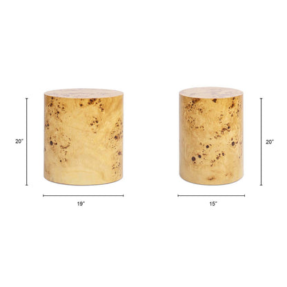 Accent oval pillar side tables with burl wood veneer in golden brown, two sizes shown (19 in and 15 in wide), 20 in tall on Tampa Home & Garden Store