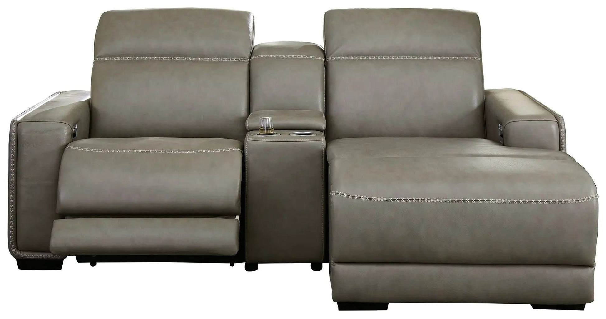 Correze power reclining sectional by Unique Piece Furniture in taupe leather with center console on Tampa Home & Garden Store