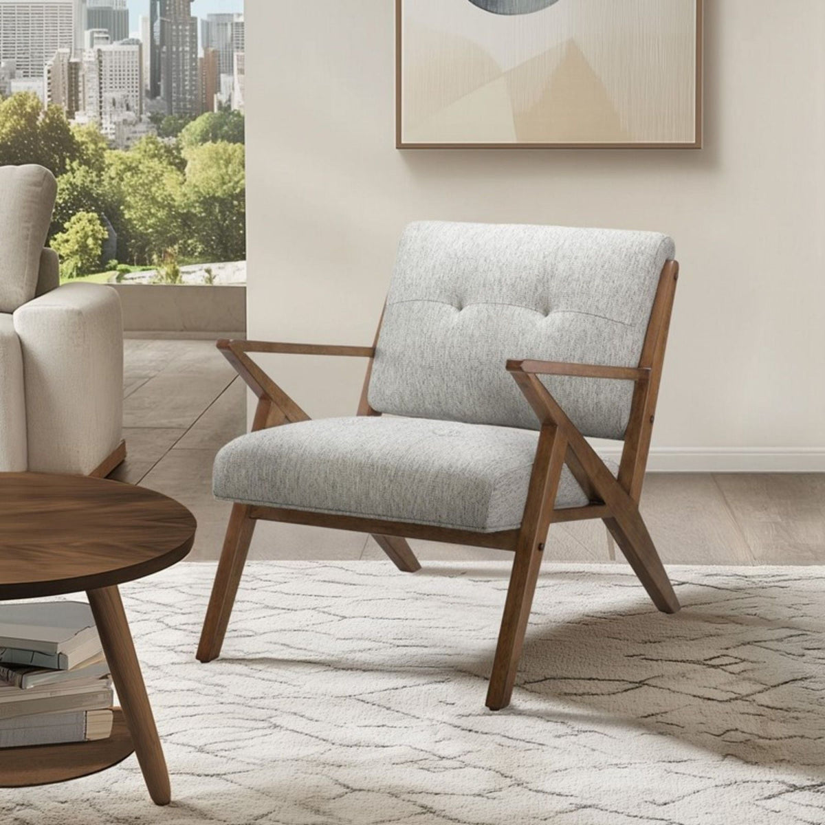 Rocket Lounge Chair Solid Wood Frame Light Gray, 2 fabric armchairs on Tampa Home & Garden Store