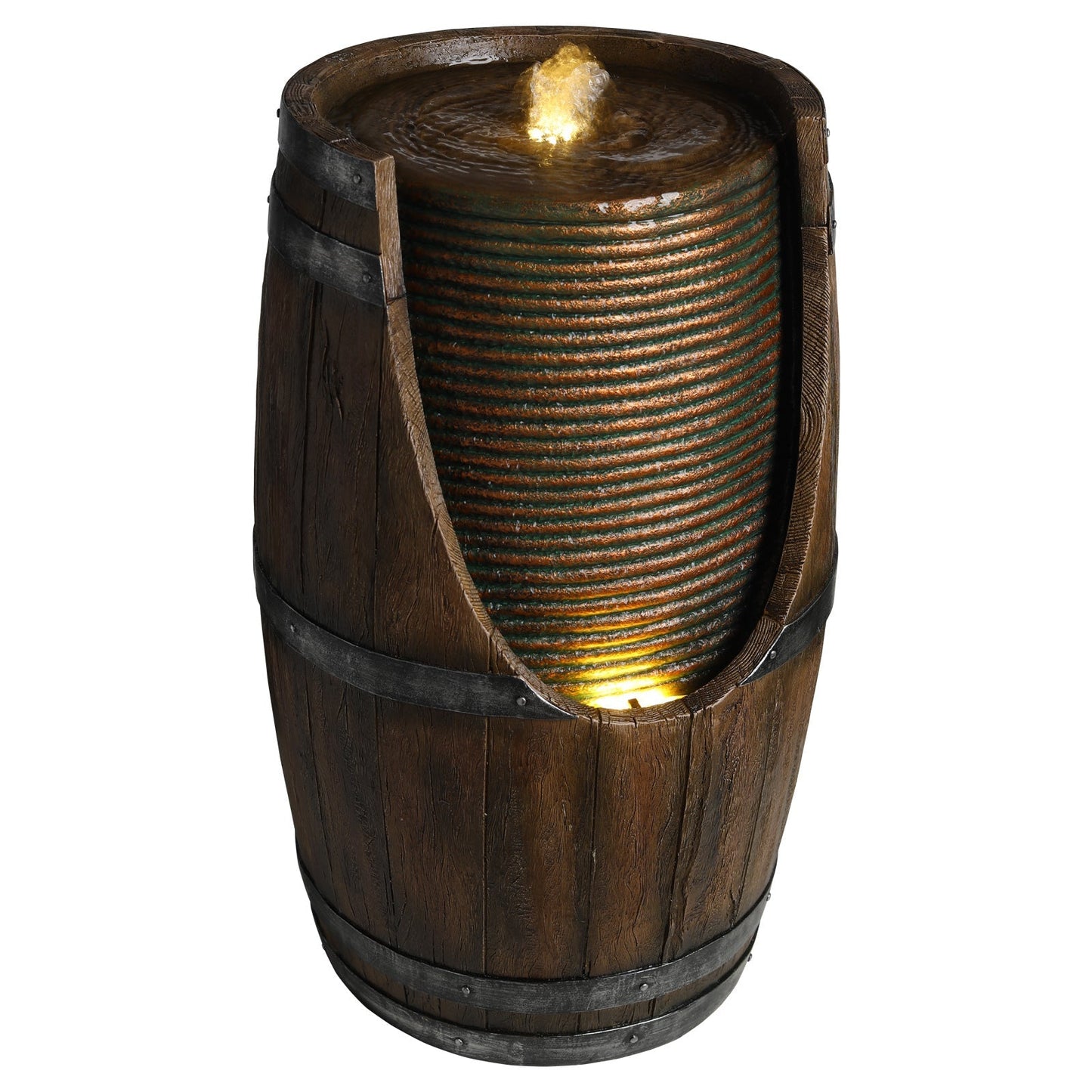 Outdoor Barrel Water Fountain in rustic wood-look resin, dark brown barrel and water spout on Tampa Home & Garden Store