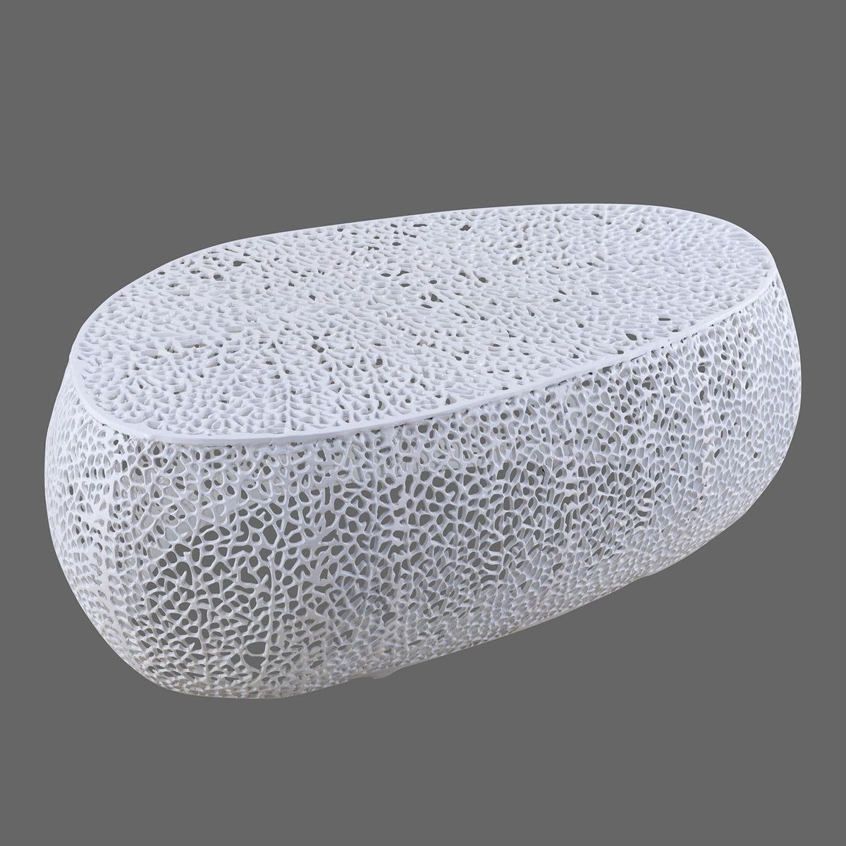 Oval coffee table with durable white lattice aluminum frame and openwork surface on Tampa Home & Garden Store
