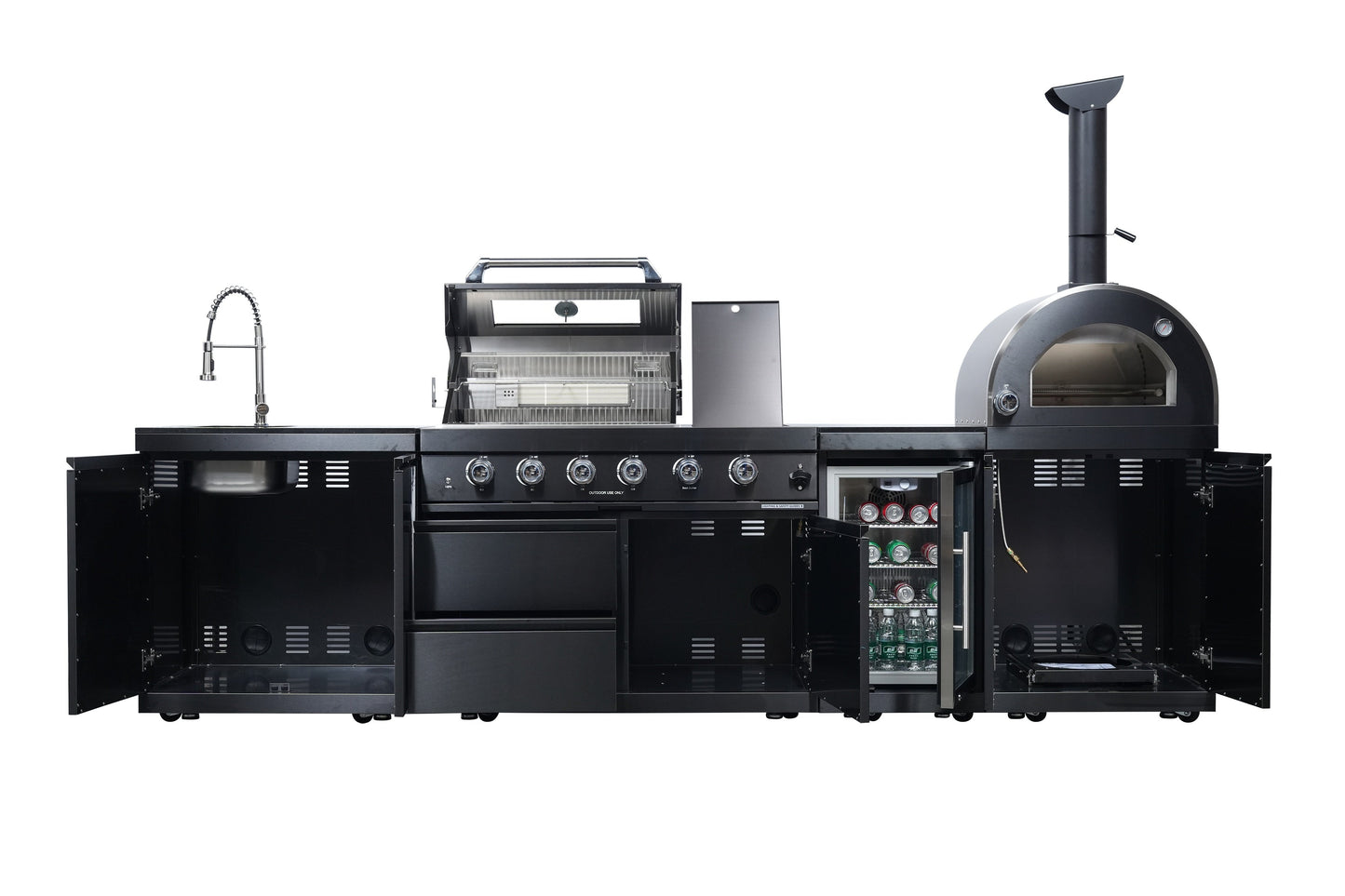 Black 125-Inch double stainless gas outdoor kitchen by HouseOfZazla with grill, oven, sink on Tampa Home & Garden Store