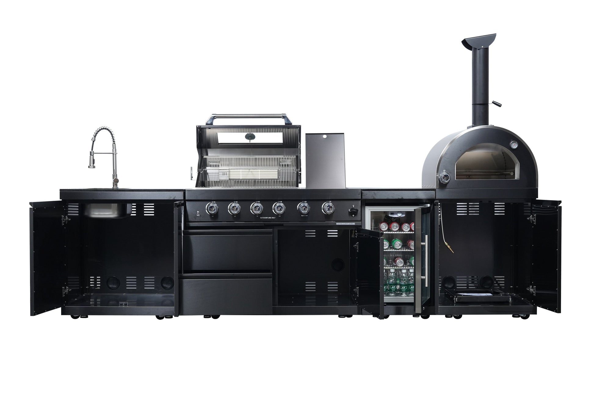 Black 125-Inch double stainless gas outdoor kitchen by HouseOfZazla with grill, oven, sink on Tampa Home & Garden Store