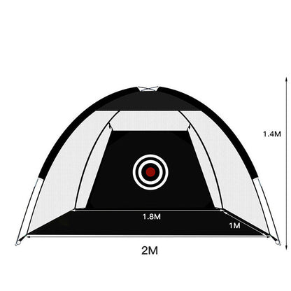 Golf practice net tent with black frame and white mesh walls, 2m wide by 1.4m high, target on Tampa Home & Garden Store
