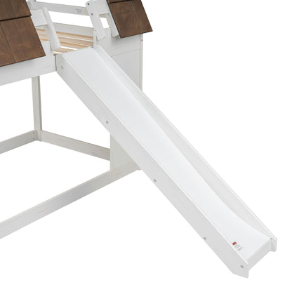 Wood twin-size house bunk bed with roof, ladder and slide by HouseOfZazla, white/brown on Tampa Home & Garden Store