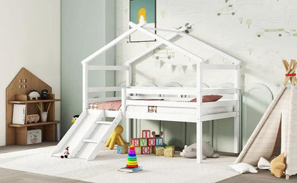 Low Loft House Bed With Slide and Guardrails