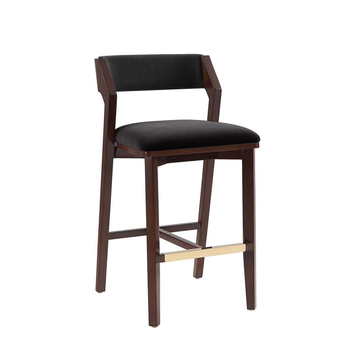 Bar height barstool with backrest in black upholstery and wood frame with brass footrest on Tampa Home & Garden Store
