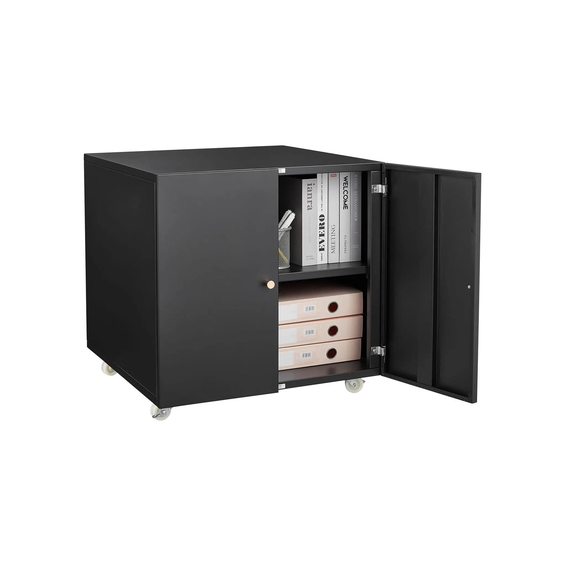 Black steel 2-door copier cabinet on casters with interior shelves and pink storage boxes on Tampa Home & Garden Store