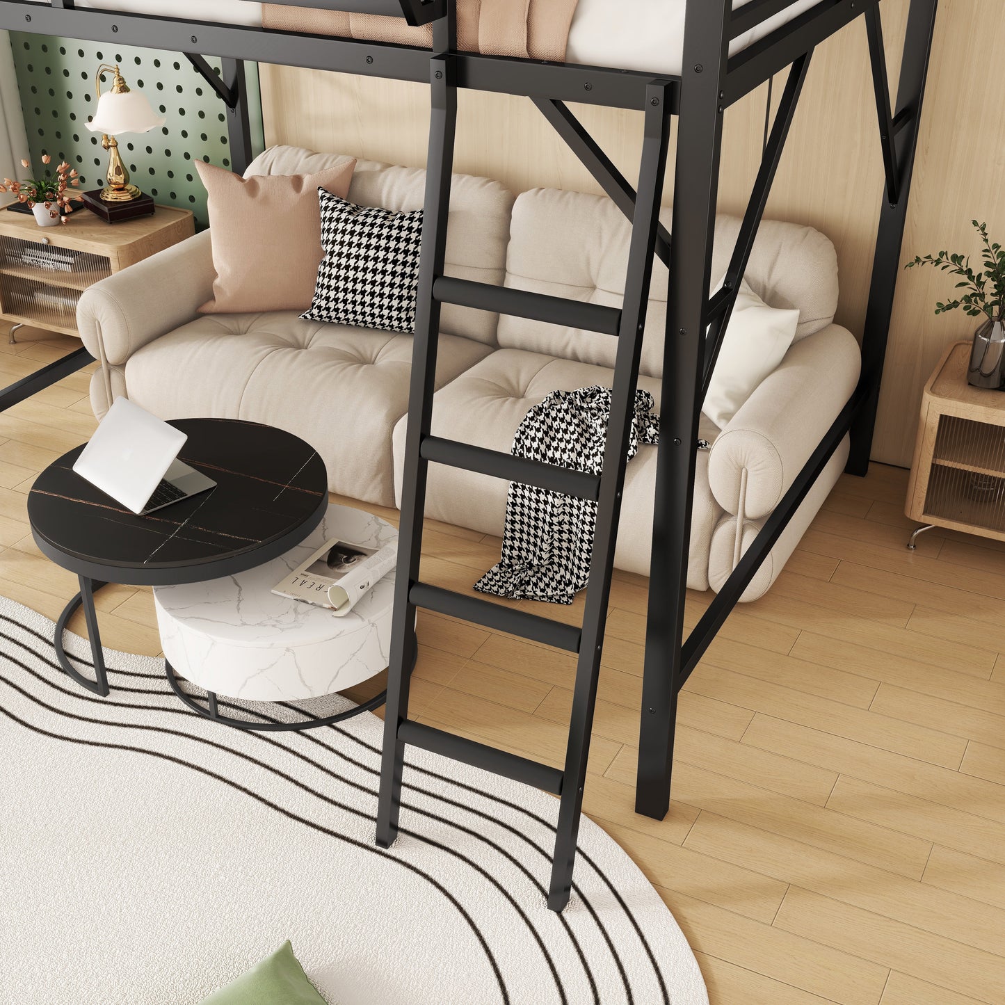 Full Size Loft Bed with Ladder and Storage Shelves black metal frame over beige sofa on Tampa Home & Garden Store
