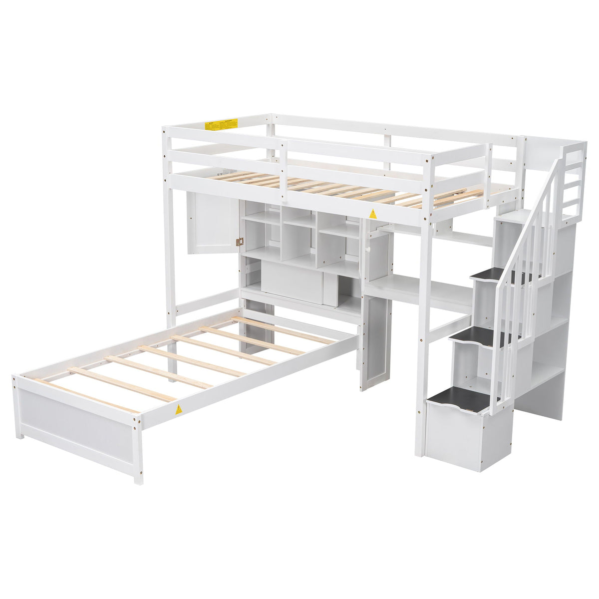 White loft bed with built-in desk and staircase, storage shelves beneath HouseOfZazla on Tampa Home & Garden Store