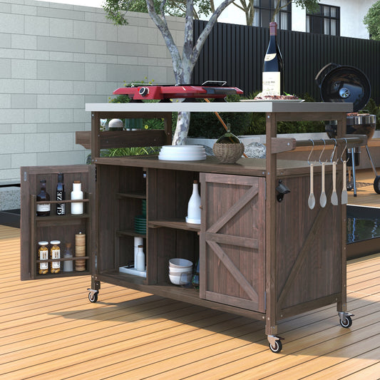 K&K Outdoor Kitchen Island with rolling bar cart in dark wood by HouseOfZazla on Tampa Home & Garden Store