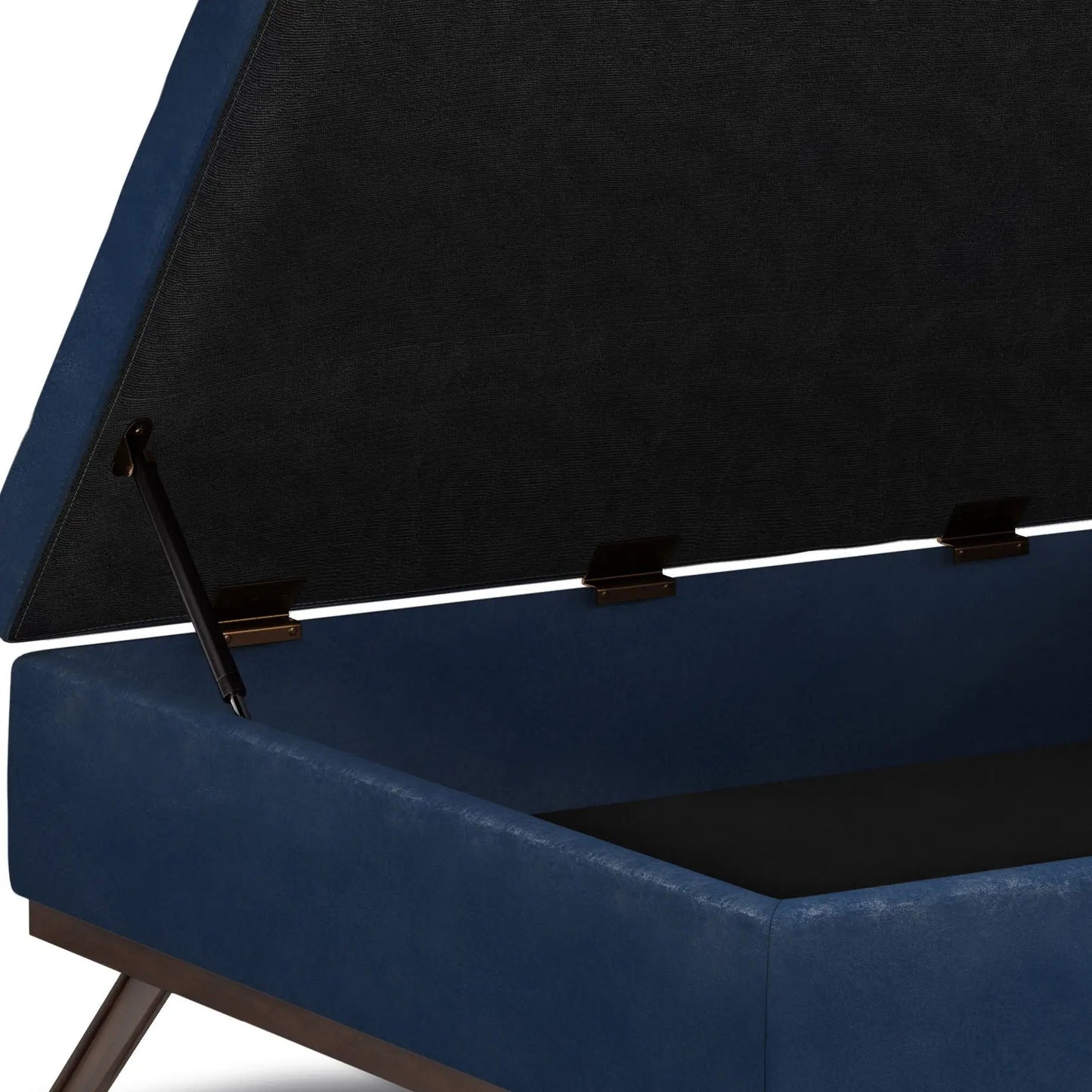 Owen square coffee table storage ottoman in blue fabric with black lid and metal hinges on Tampa Home & Garden Store