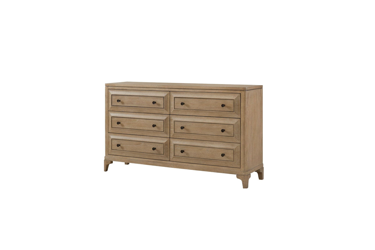 Sand finish six-drawer dresser with beveled drawer fronts and dark knobs on Tampa Home & Garden Store