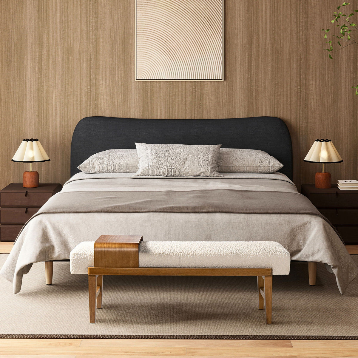 Modern Telephone Bench with Sliding Shelf ivory white upholstery and wood legs in a bedroom on Tampa Home & Garden Store