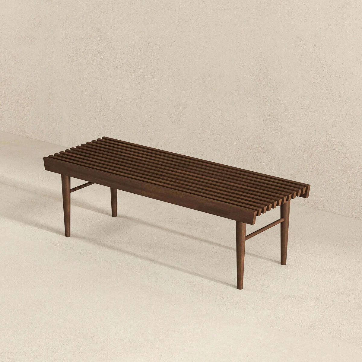 Dark brown wood accent bench Mia with slatted seat and solid wood frame on Tampa Home & Garden Store