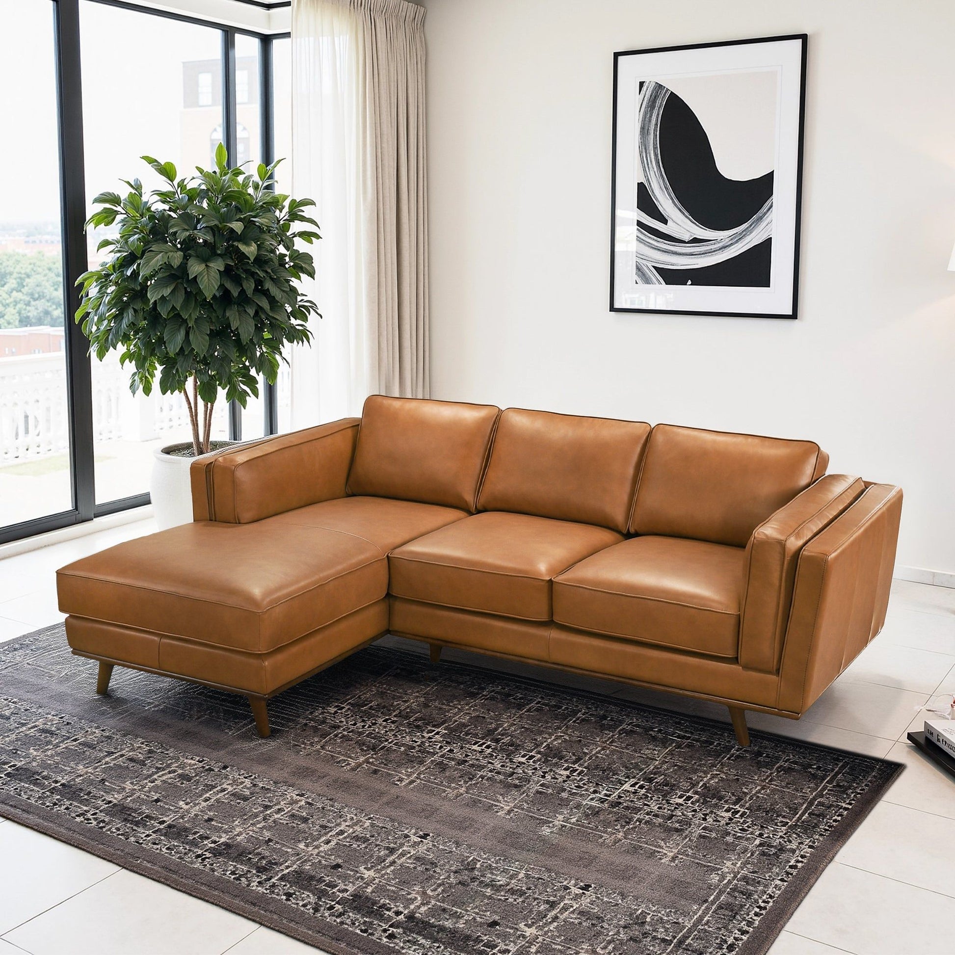 Chase Sectional Sofa by HouseOfZazla, caramel leather with chaise and low legs on Tampa Home & Garden Store