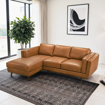 Chase Sectional Sofa by HouseOfZazla, caramel leather with chaise and low legs on Tampa Home & Garden Store