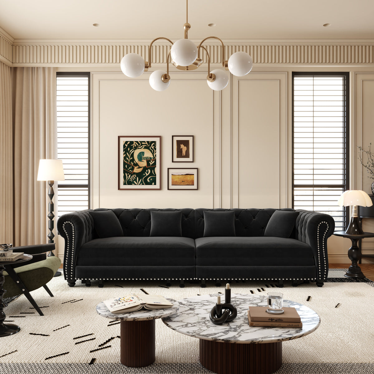 Chesterfield sofa bed in black velvet, 3-in-1 convertible by HouseOfZazla in a living room on Tampa Home & Garden Store