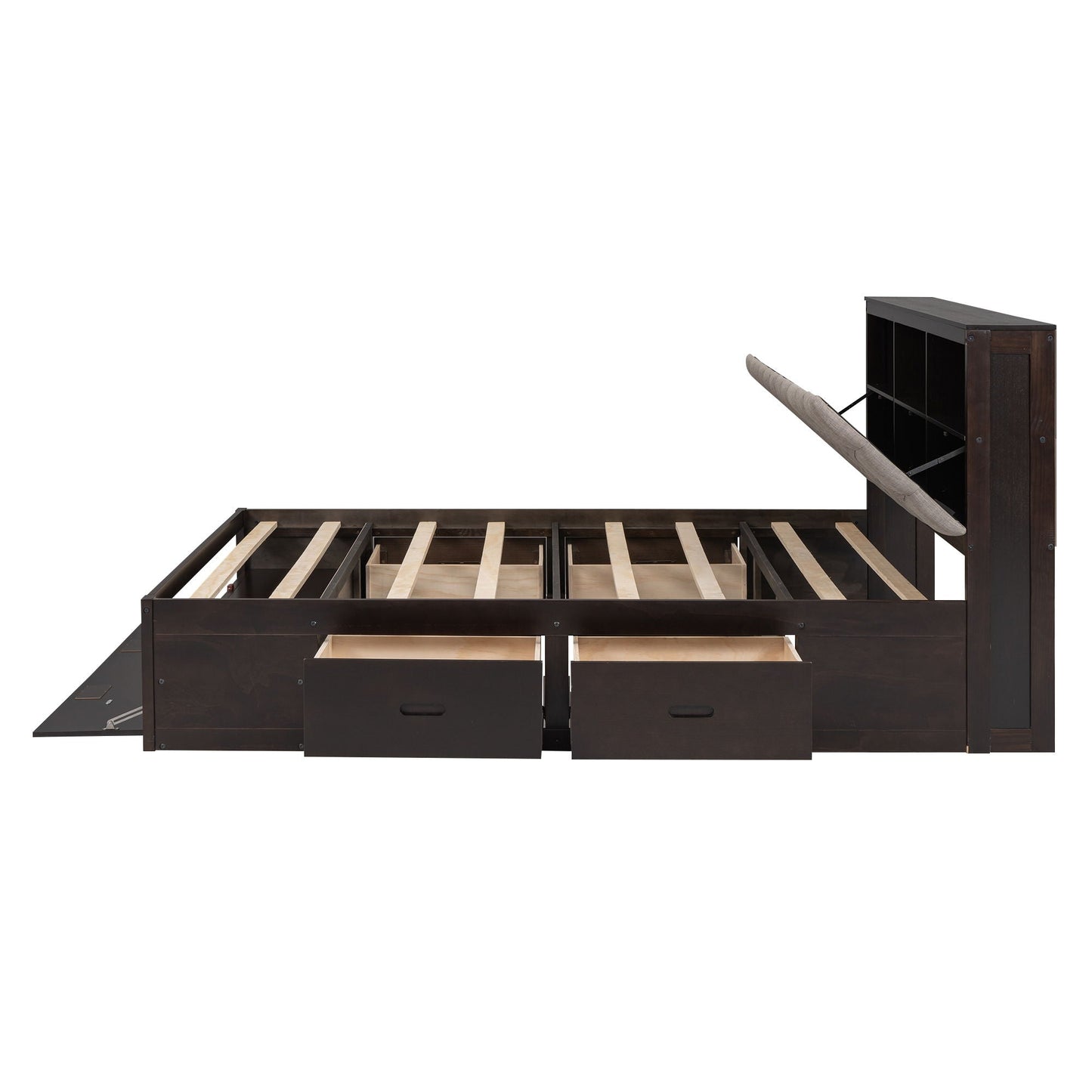 Dark wood platform bed with storage headboard, shoe rack and 4 drawers, slatted frame HouseOfZazla on Tampa Home & Garden Store